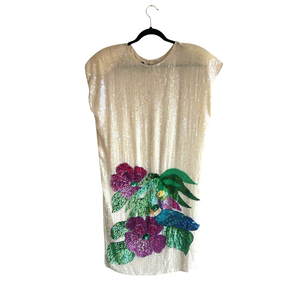 Vintage Sequin Floral & Bird Embellished Dress With Button Back Closure